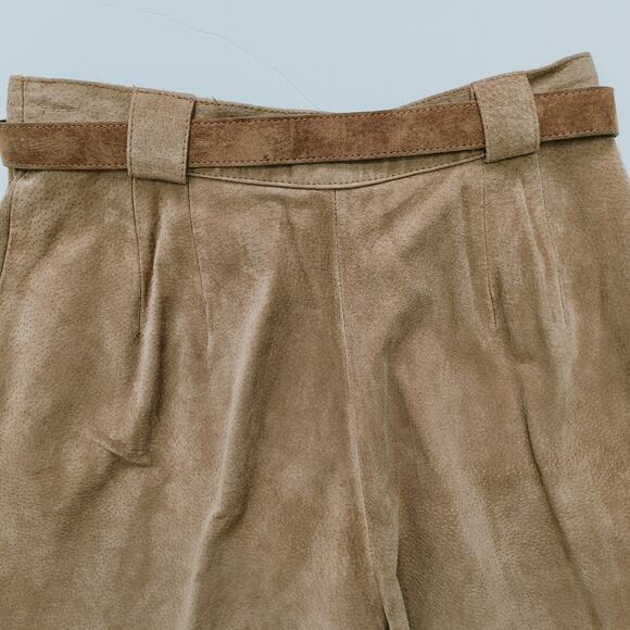 Equipt Tan Luxury Genuine Suede Leather Pleated Belted Shorts Women’s Size 9/10 - Picture 5 of 9